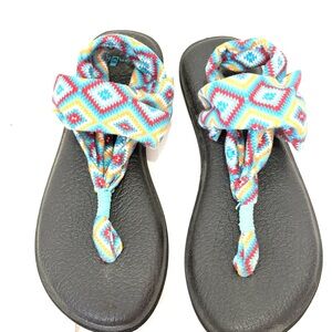 Sanuk Aztec-Pattern Fabric Thong Sandals in Turquoise, Red‎ & Yellow